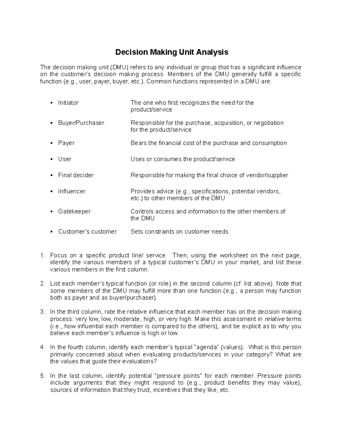 Exercise on DMU - DMU excercise - Decision Making Unit Analysis The ...
