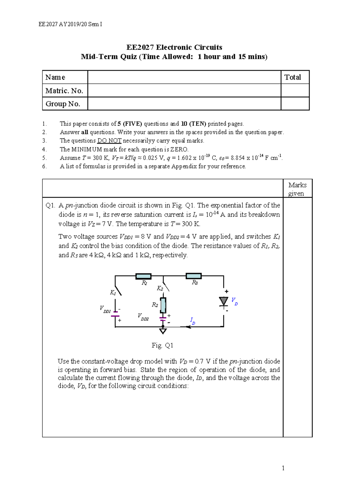 EE2027 Sem I Electronic Circuits Mid-Term Quiz Solutions - Studocu