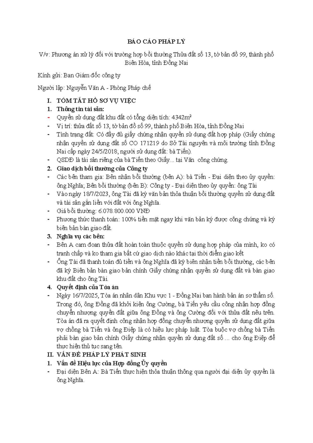 BÁO CÁO PHÁP LÝ: Xử Lý Bồi Thường Thửa Đất Số 13, Tờ Bản Đồ 99 - Studocu