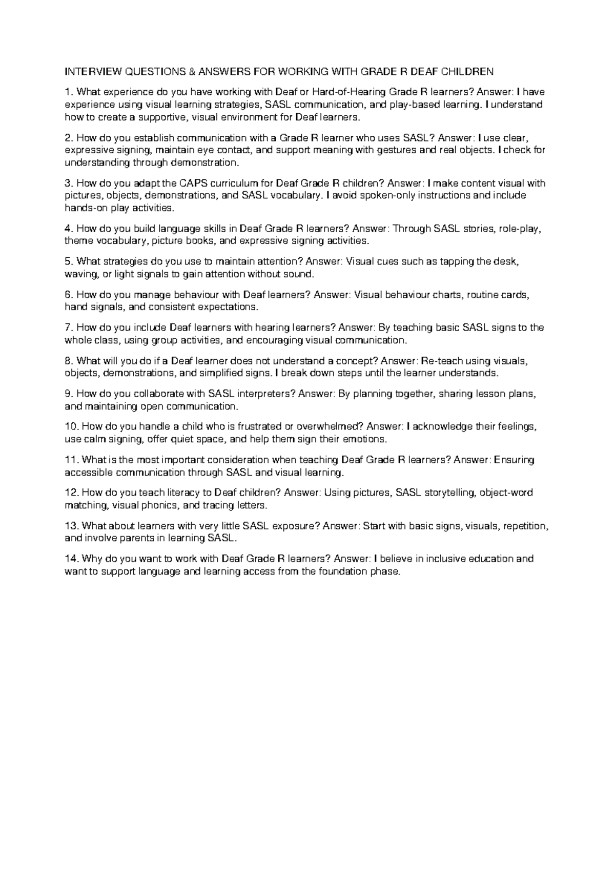 Grade R Deaf Children Interview Q&A: Strategies & Insights - Studocu