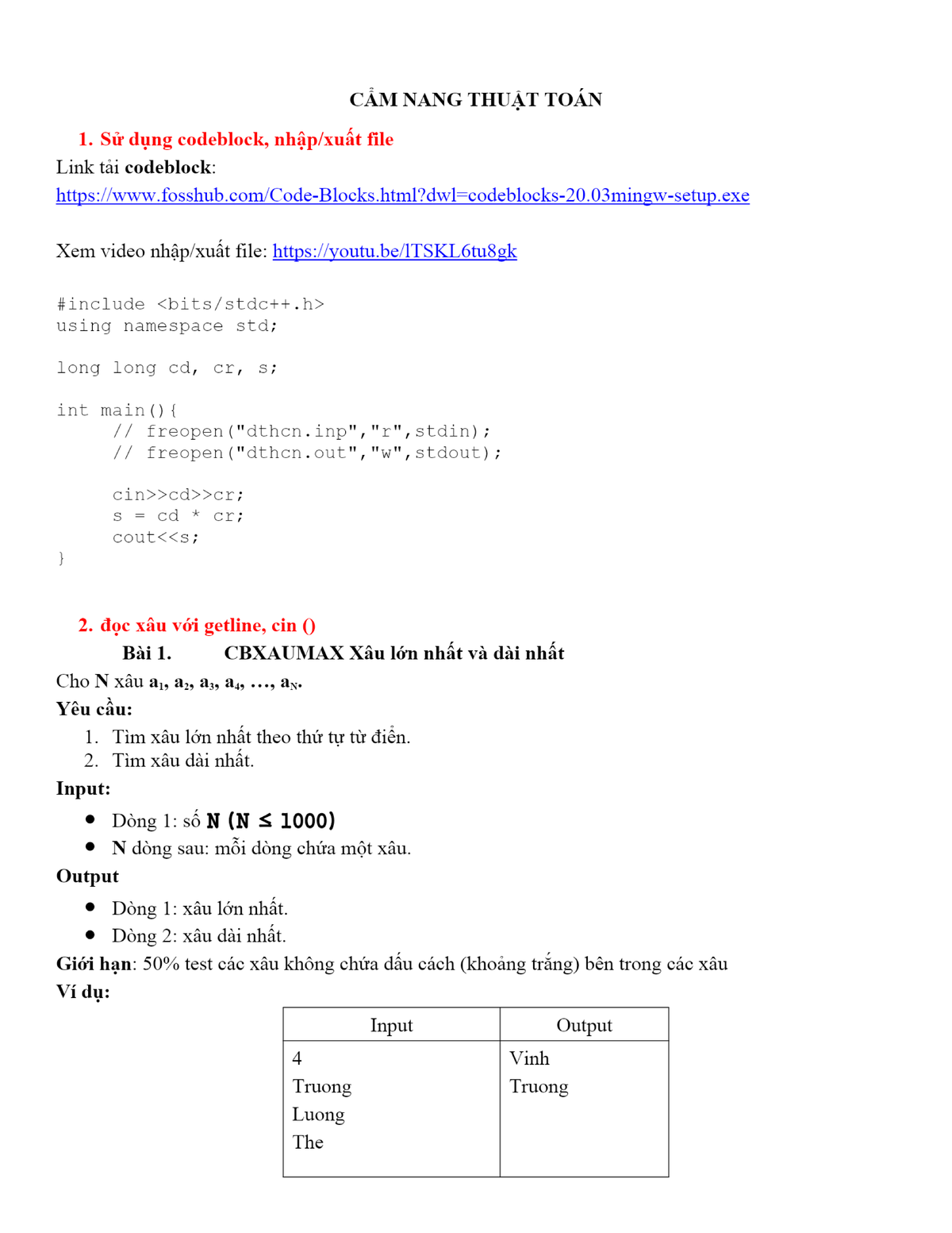 CÂM NANG THUẬT TOÁN 1: Hướng Dẫn Giải Bài Tập và Code - Studocu