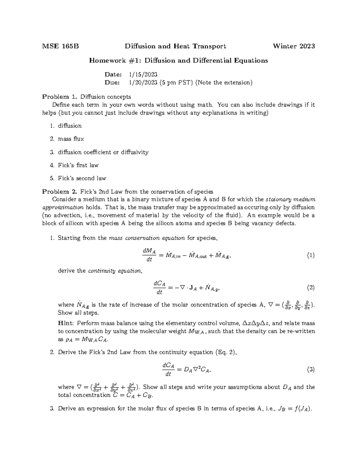 MSE 165B Homework 1: Diffusion Concepts & Differential Equations - Studocu