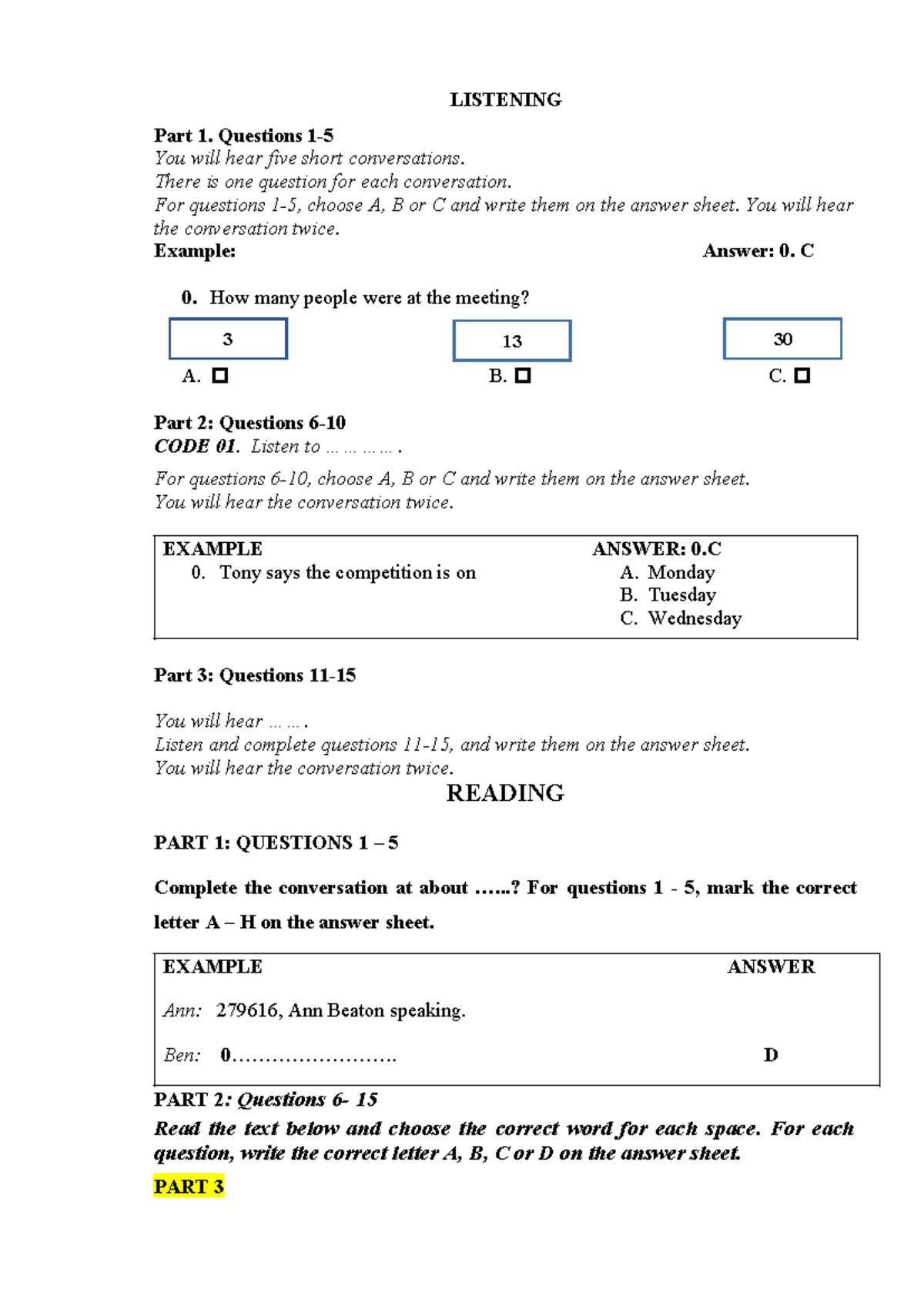 LISTENING & READING Practice Test - CODE 01 - Studocu