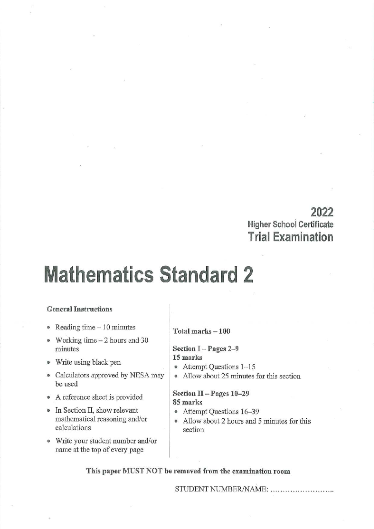 2022 HSC Trial Exam Mathematics Standard 2 - General Instructions - Studocu