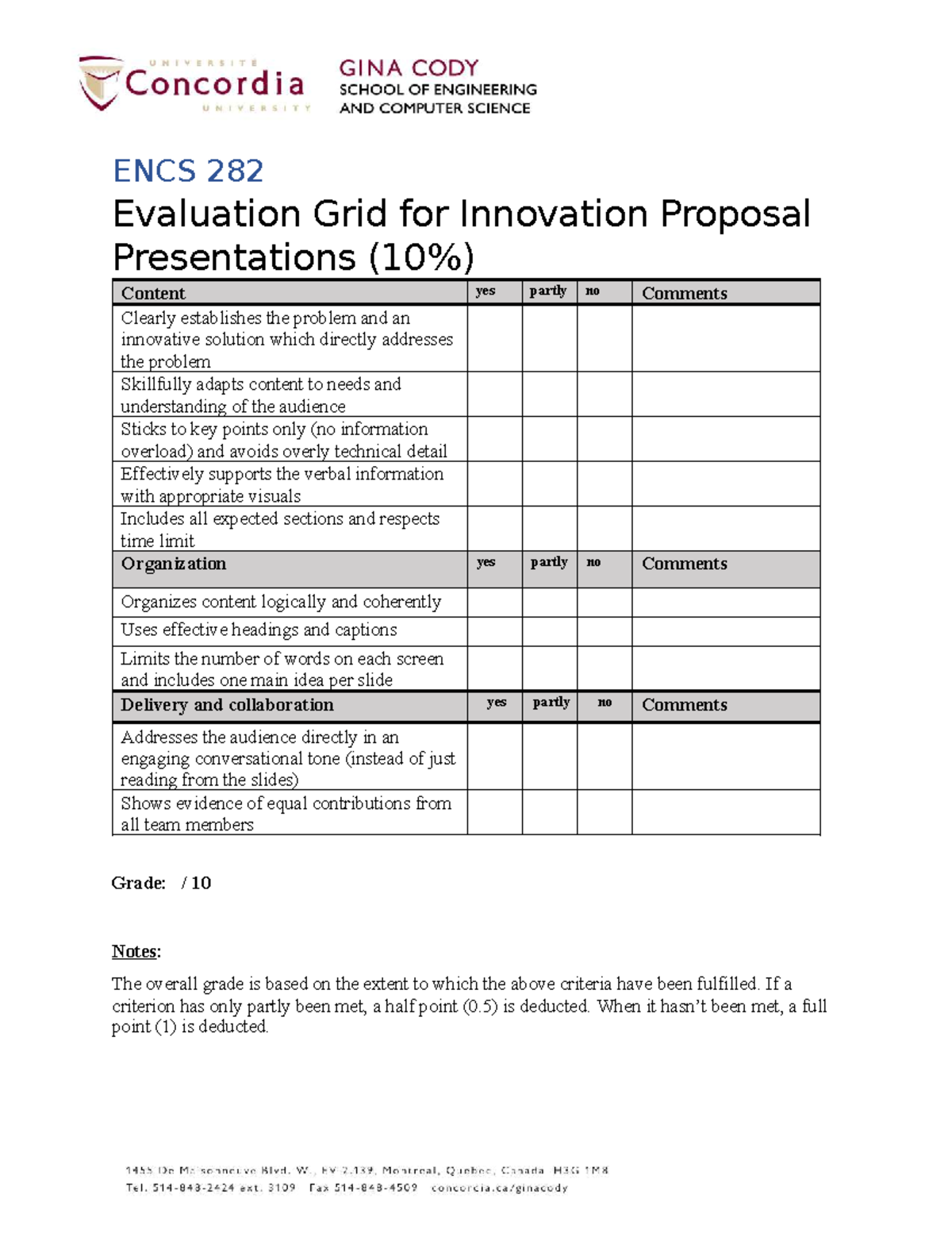 ENCS 282 Assessment Rubric for Innovation Proposal Presentations - Studocu