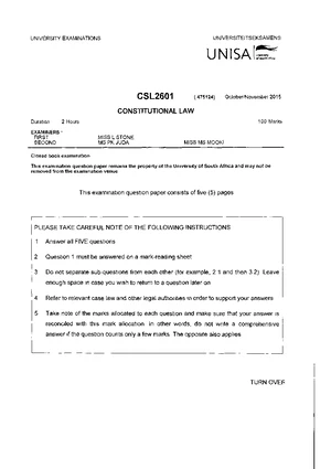 CSL2601 2015 Final Exam: Constitutional Law Question Paper - Studocu