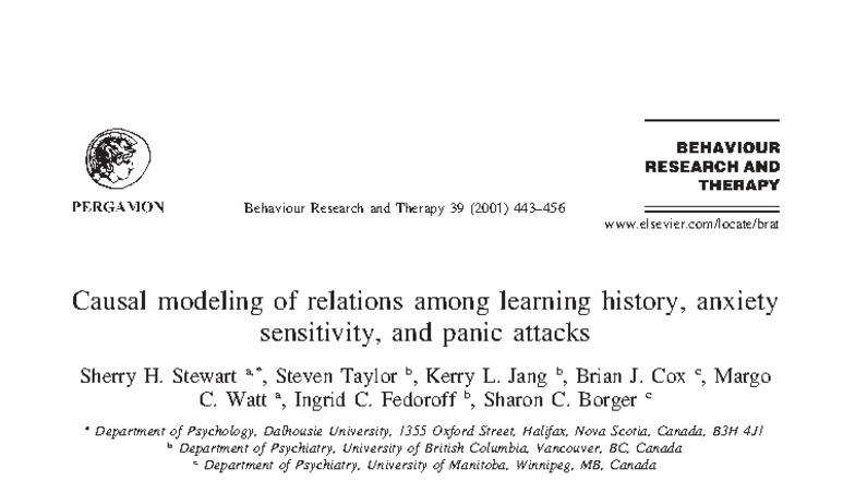 Causal Modeling of Learning History, Anxiety Sensitivity, and Panic ...