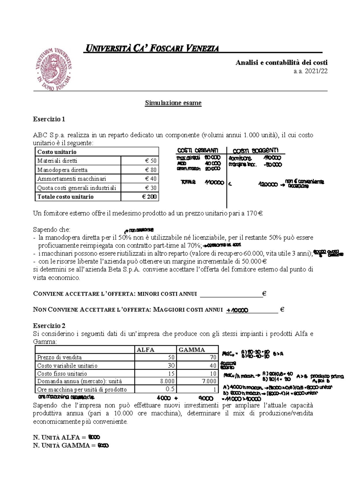 Simulazione esame 21-22: Analisi e contabilità dei costi (Esercizi ...