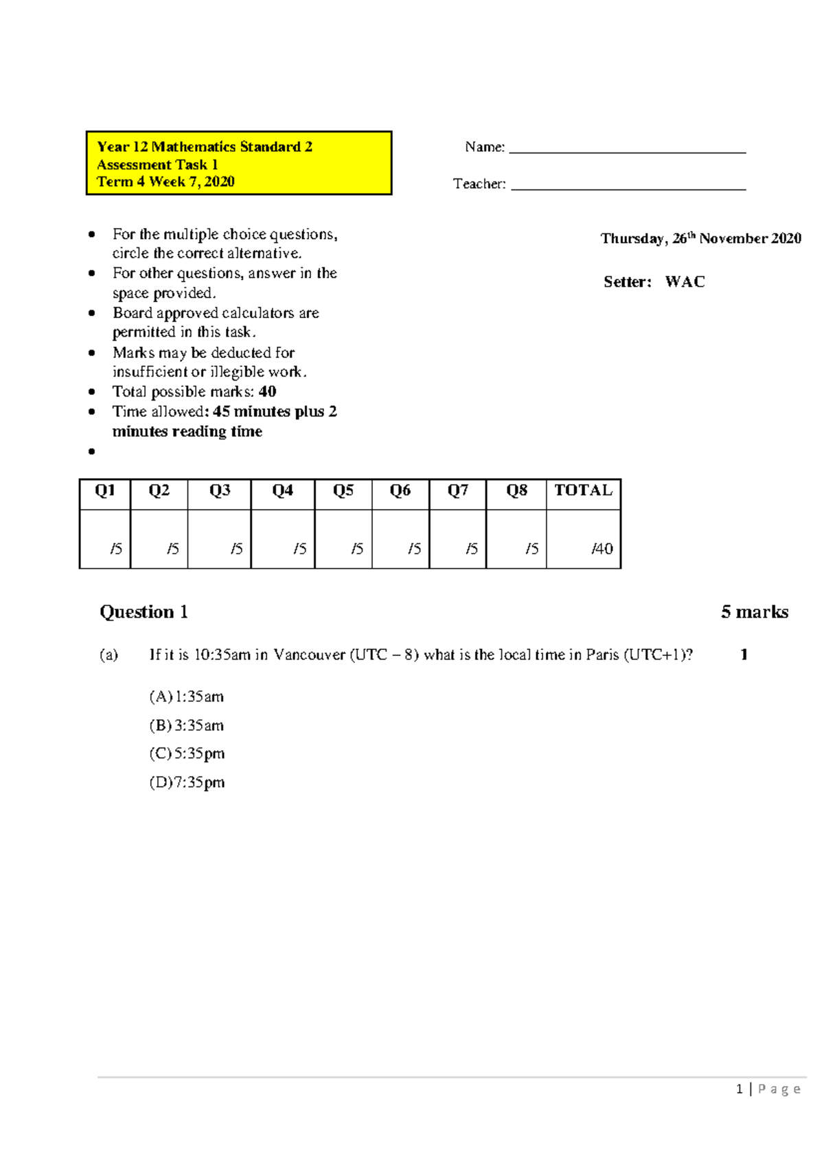 2021 Yr 12 Mathematics Standard Assessment Task 1 (Term 4) - Studocu