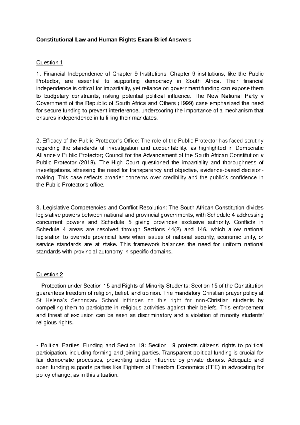 Constitutional Law and Human Rights Exam Brief Answers - Their ...