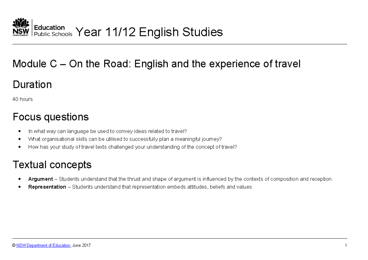 Year 11/12 English Studies: Module C - On the Road Insights - Studocu