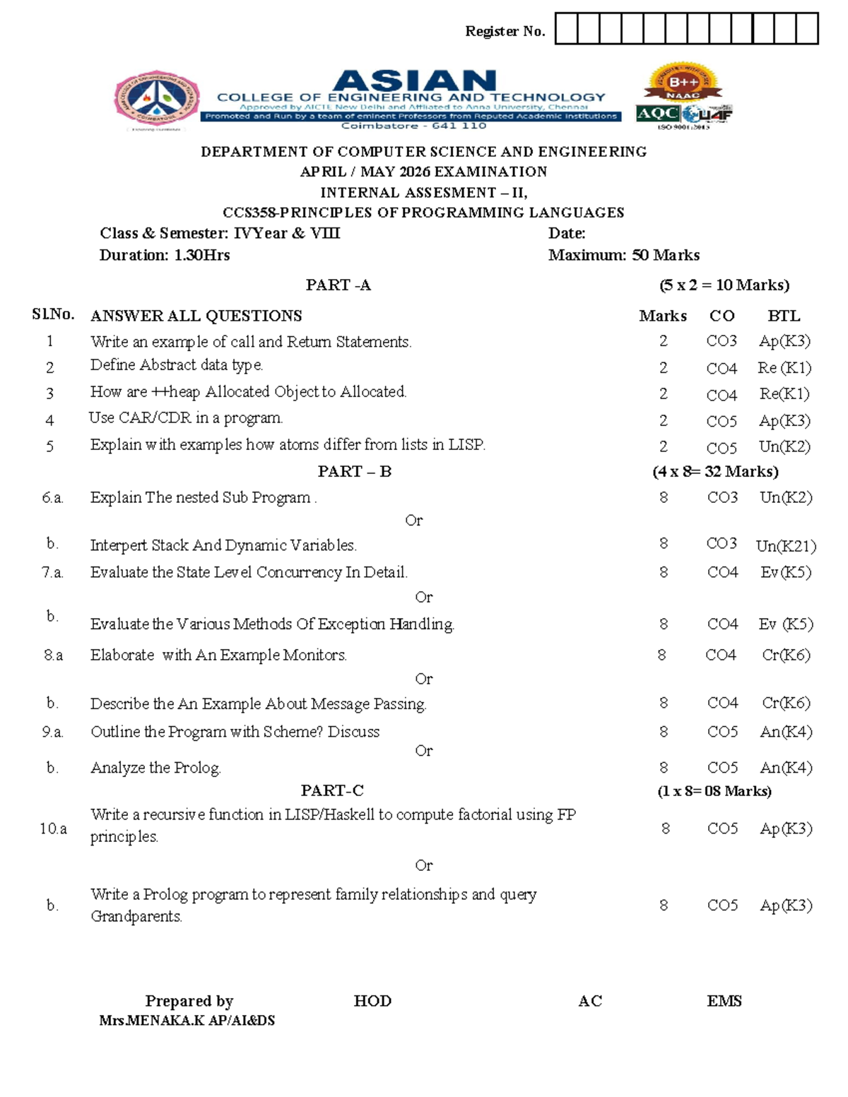 CSE IV Sem Internal Assessment II - Programming Languages Exam 2026 ...