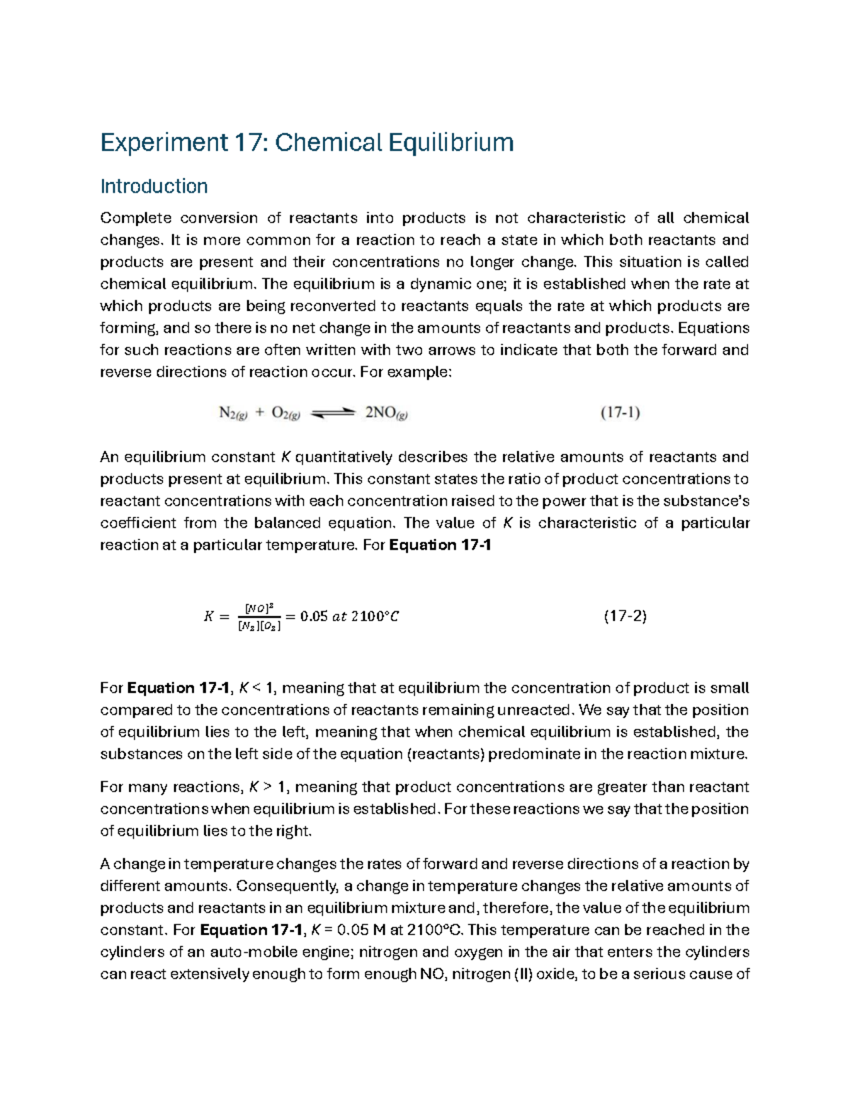Experiment 17: Understanding Chemical Equilibrium Dynamics - Studocu