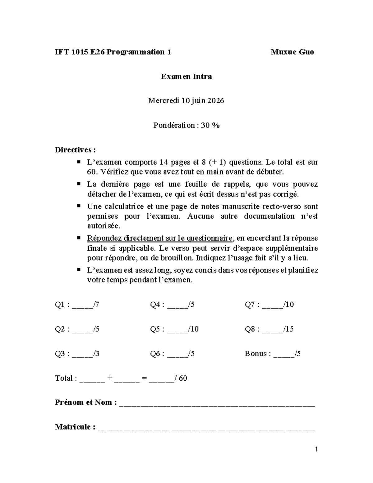 IFT 1015 E26 Examen Intra - Programmation 1 - Studocu
