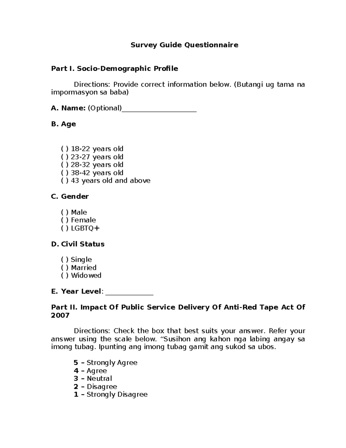 Survey Guide Questionnaire: Public Service Delivery Impact Analysis ...