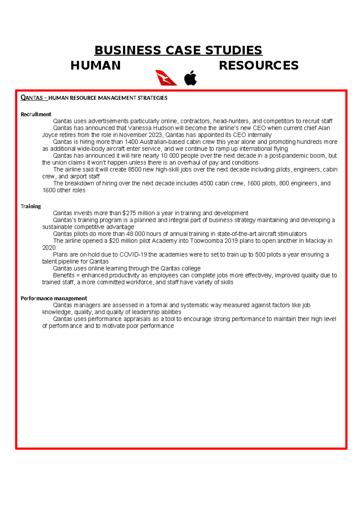 HR CASE STUDY: QANTAS & APPLE HRM STRATEGIES ANALYSIS - Studocu