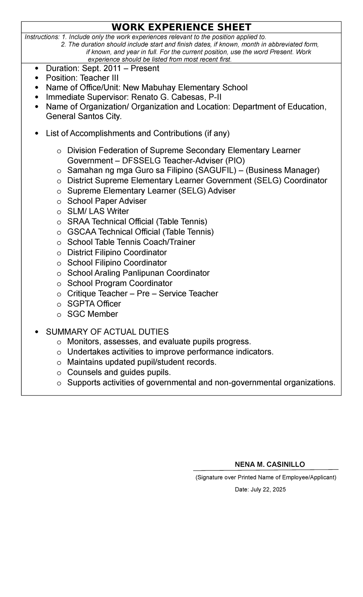 WORK EXPERIENCE SHEET: Teacher Position at New Mabuhay Elementary ...