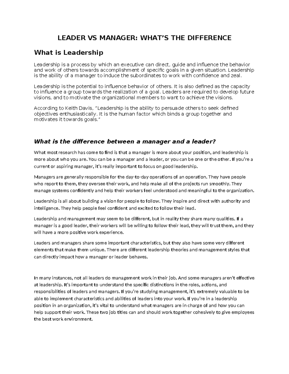 LEAD 101: Understanding Leadership vs. Management Differences - Studocu