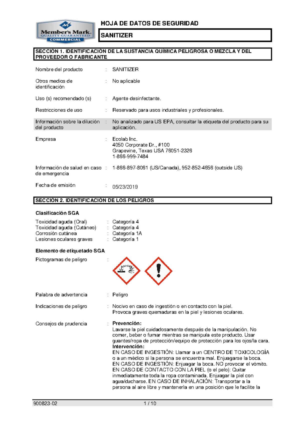 HDS 6: Hoja de Datos de Seguridad del Sanitizante - Studocu