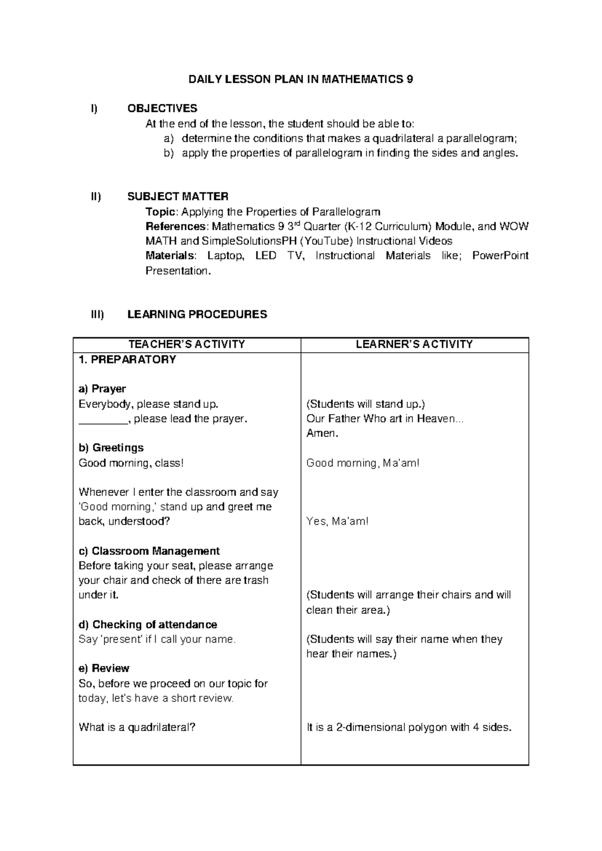 DAILY LESSON PLAN: PROPERTIES OF PARALLELOGRAM (MATH 9) - Studocu
