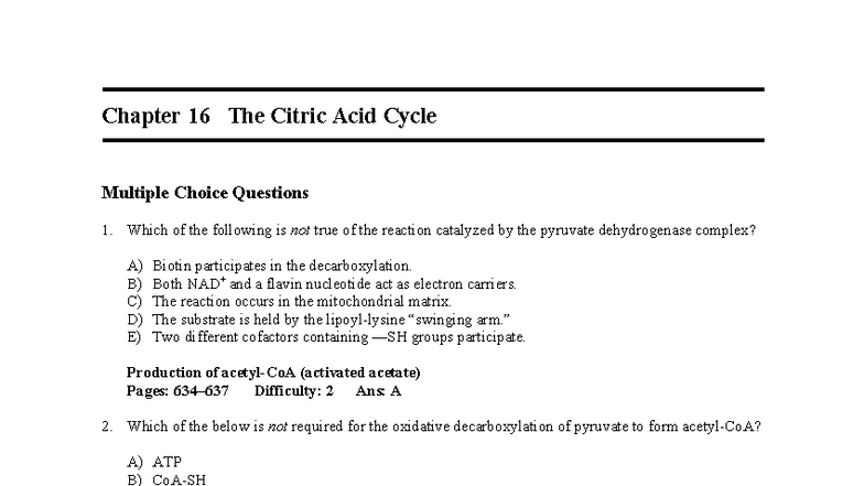 Quiz: Lehninger Chapter 16 - The Citric Acid Cycle MCQs - Studocu