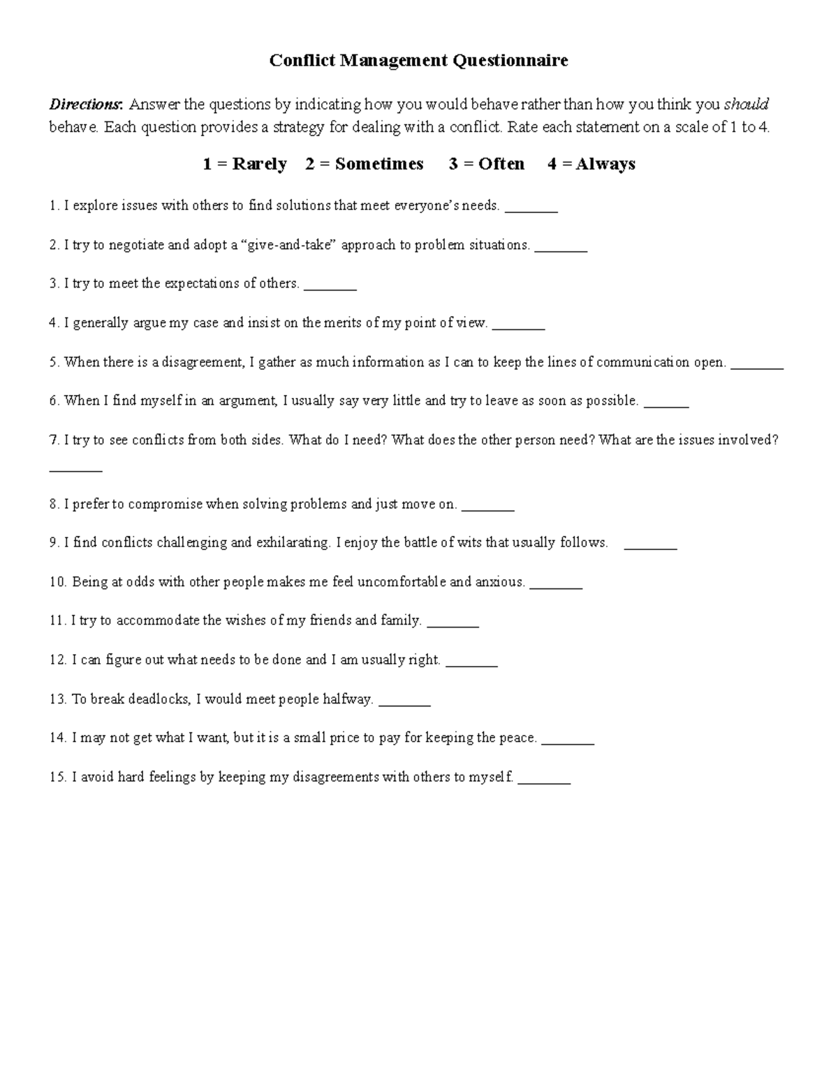 Activity - Conflict Management Questionnaire Instructions and Scoring ...
