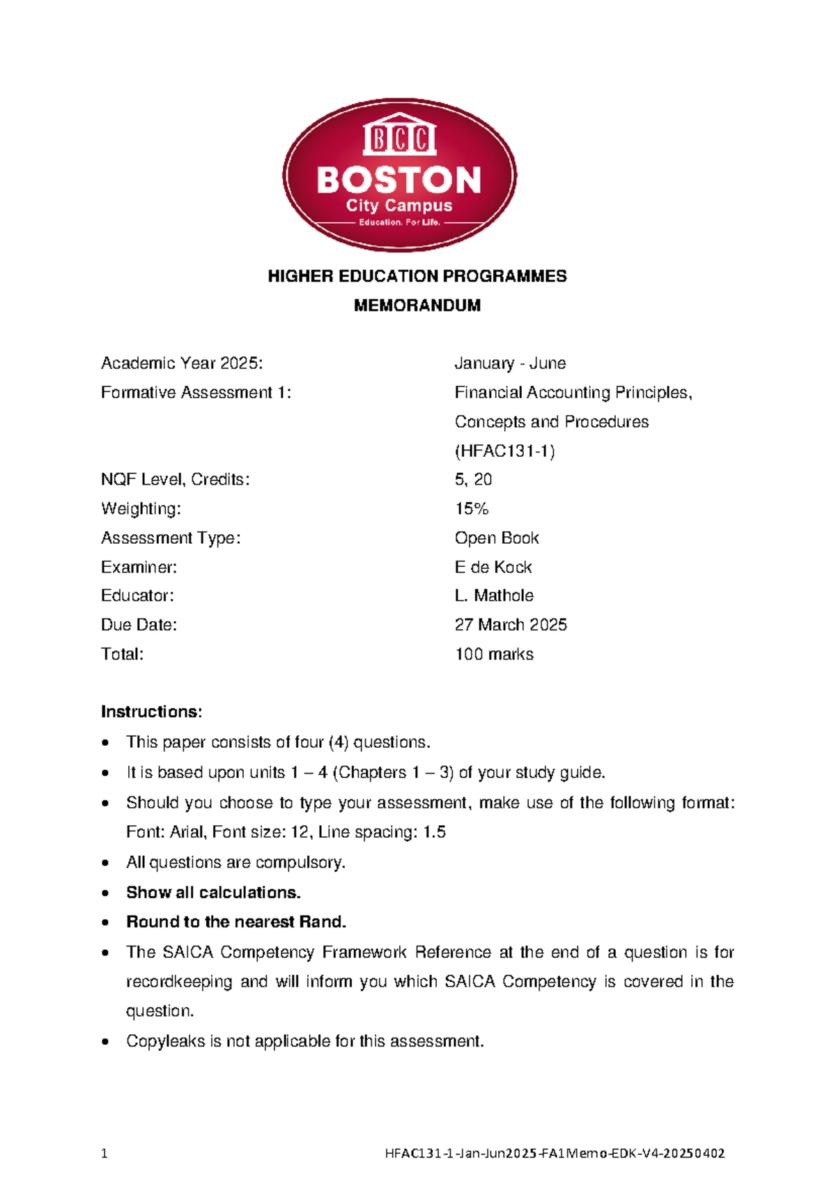 FA1 Business Management HBMN 233 Memo: Formative Assessment Overview ...