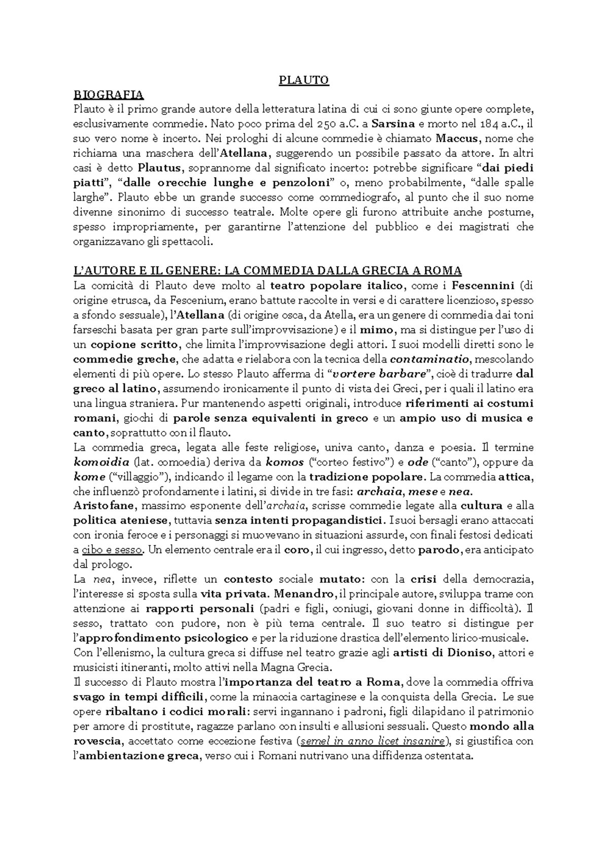 PLA 101 - Biografia e Temi delle Commedie di Plauto - Studocu