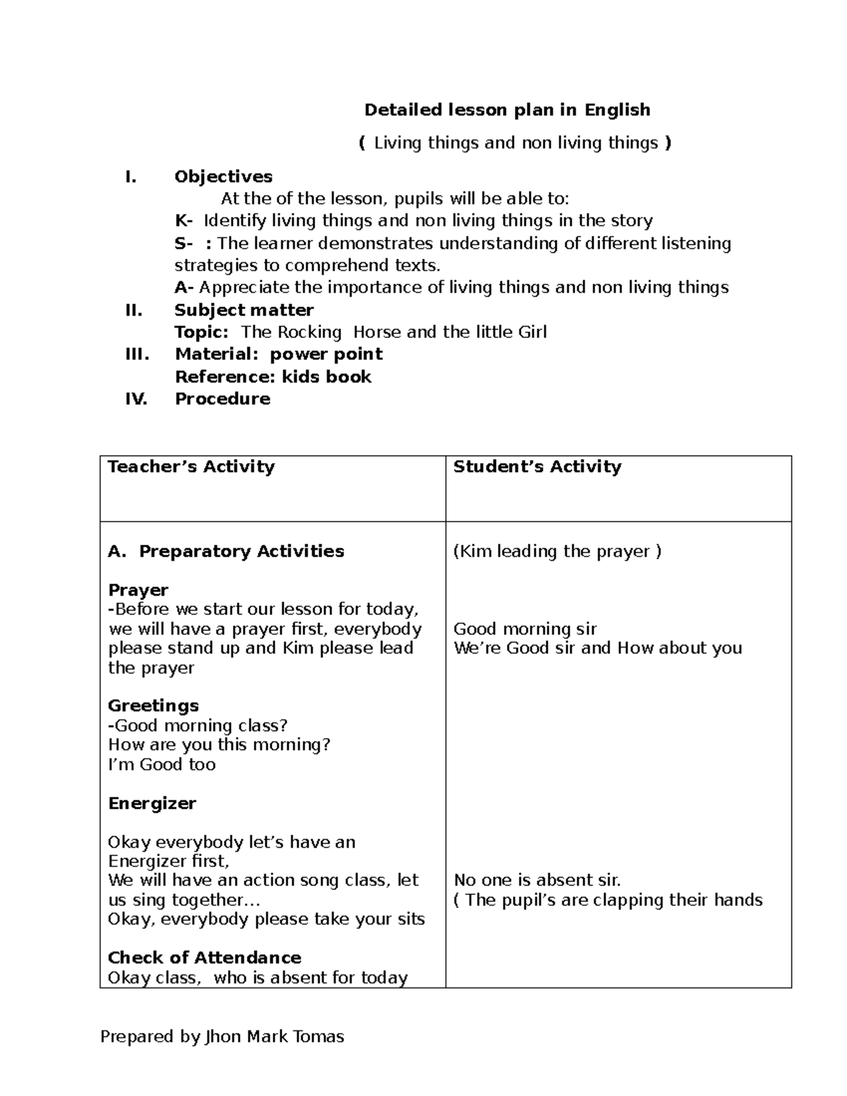 JM- LP 2 - Lesson Plan - Detailed lesson plan in English ( Living ...
