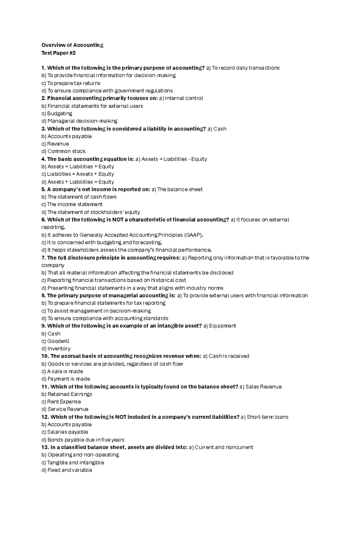 ACCT 101: Overview of Accounting Test Paper 2 with Answers - Studocu