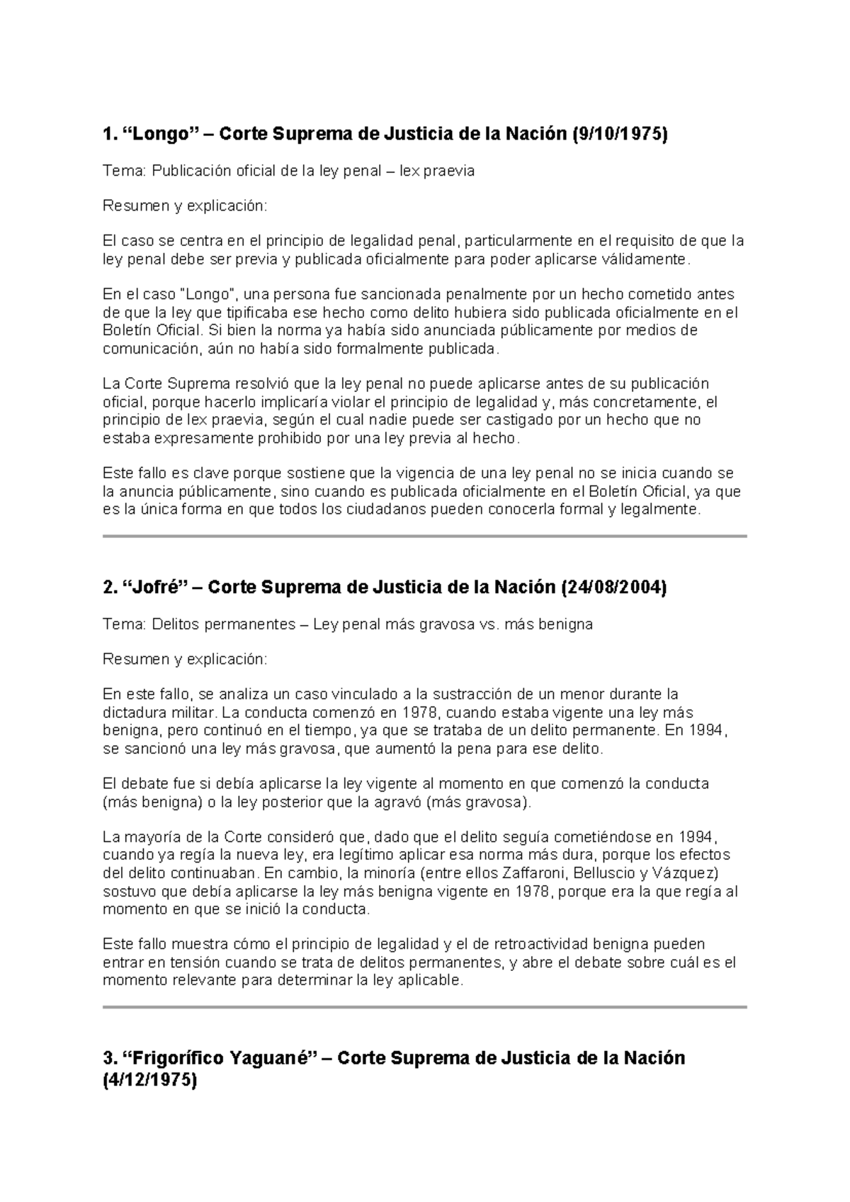 Resumen de Fallos CSJN sobre Principios de Legalidad y Derechos Humanos ...