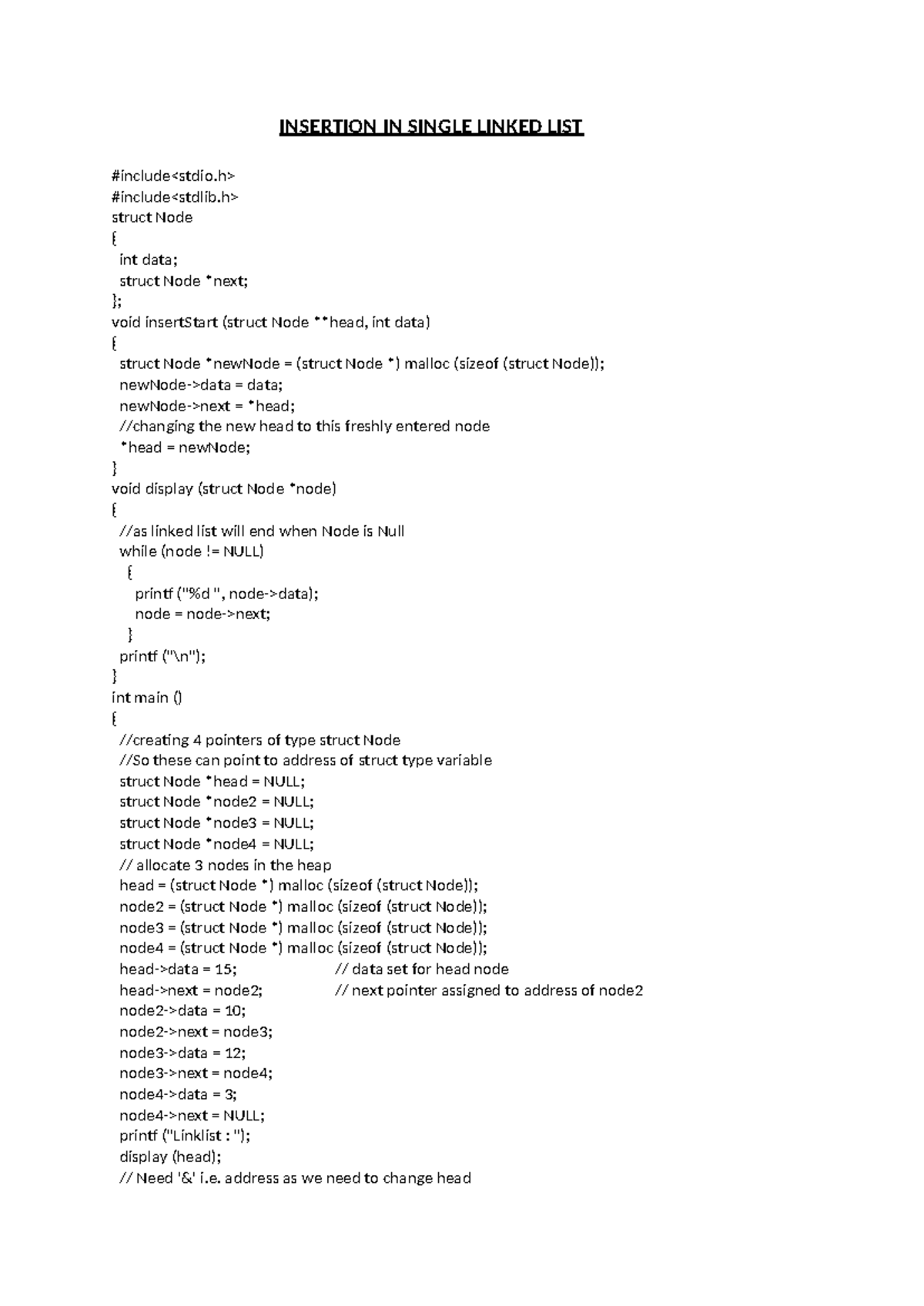 DS Programs: Insertion in Single Linked List Implementation - Studocu