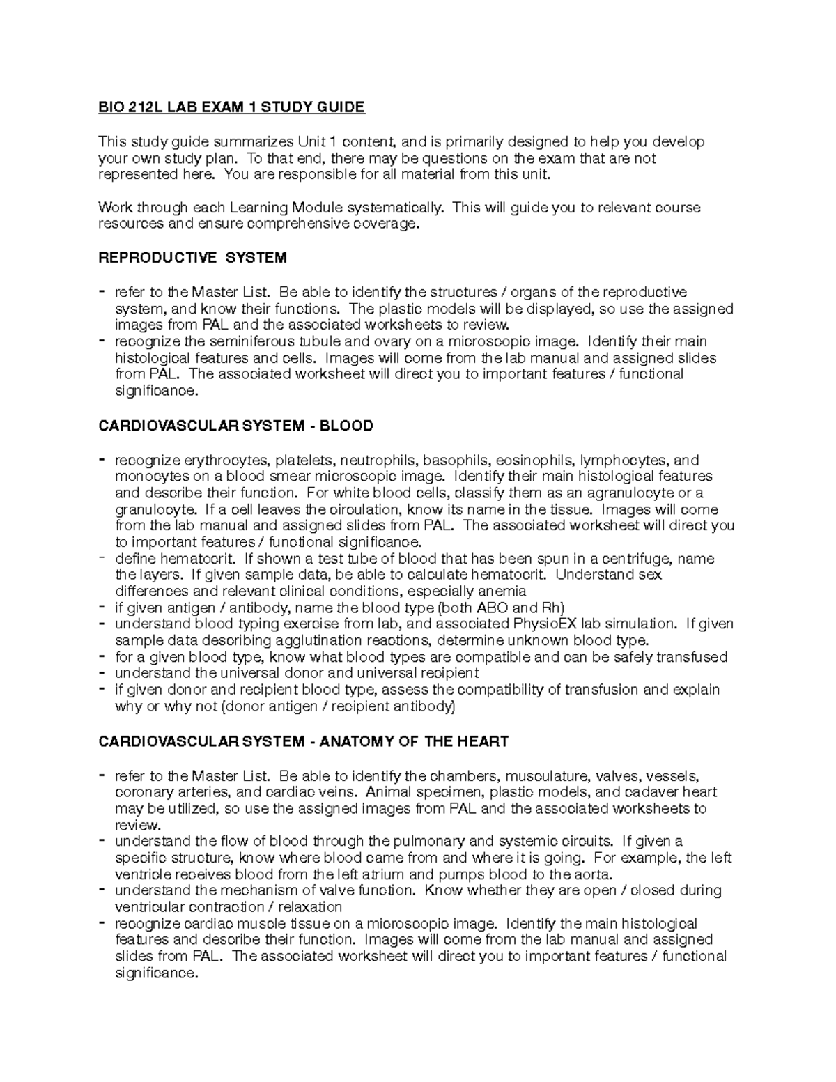 BIO 212 L Lab Exam 1 study guide 2 - BIO 212L LAB EXAM 1 STUDY GUIDE ...