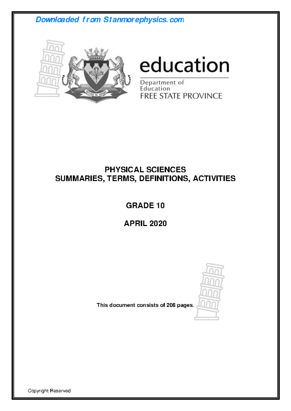 FS Grade 10 Physical Science Terms & Definitions Summaries 2020 - Studocu