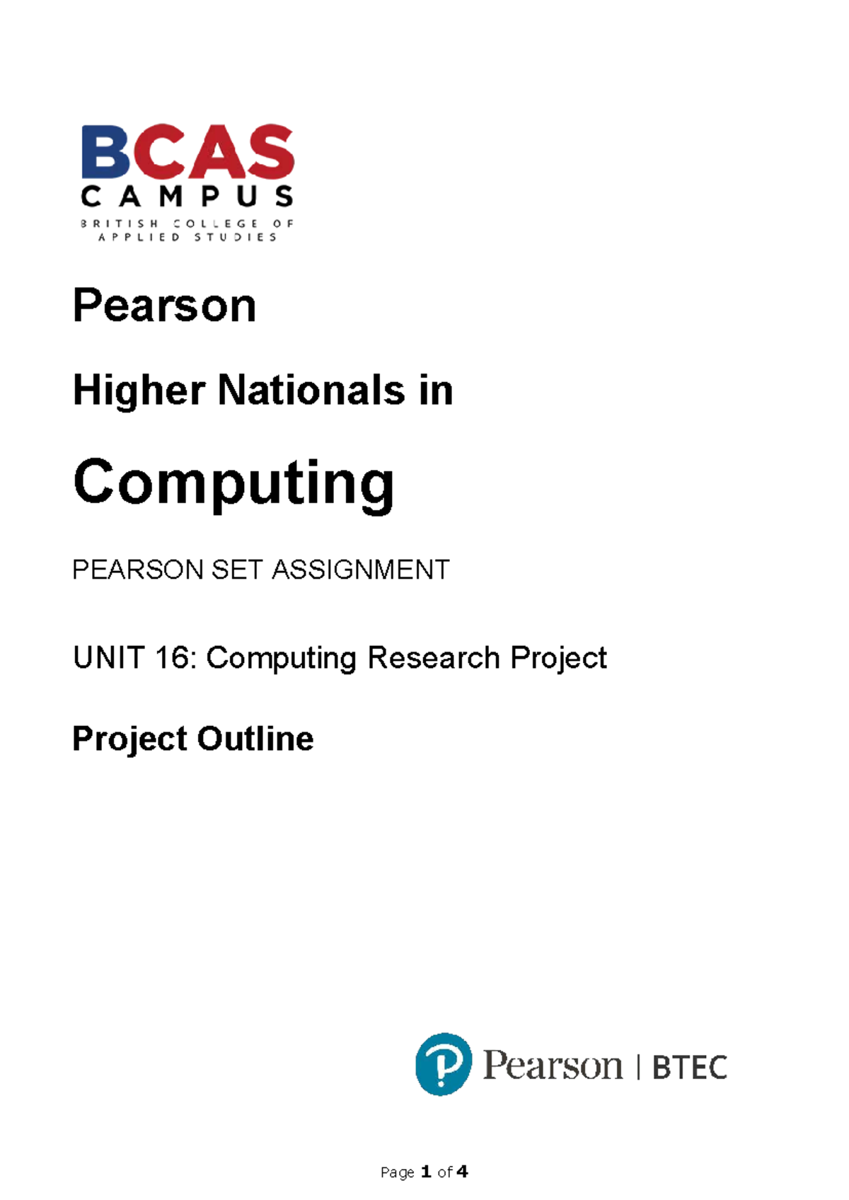 Pearson BTEC HNC Computing Unit 16: Research Project Outline - Studocu