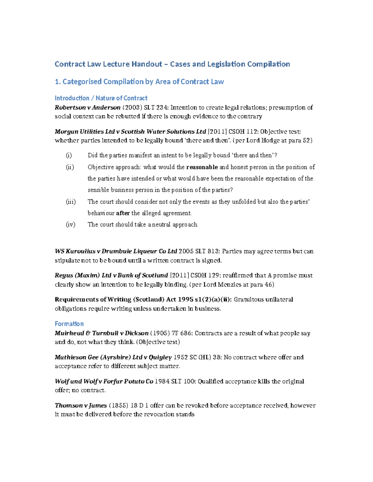Contract Law Lecture Notes Compilation (CL101) - Studocu