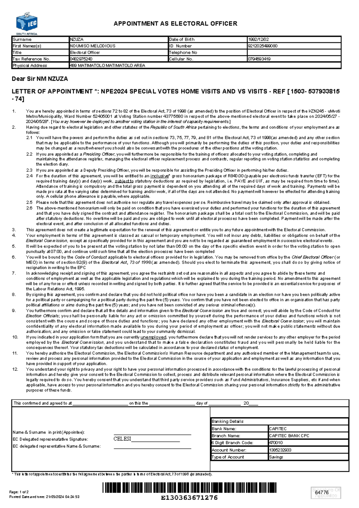 IEC-Contract - NPE2024 Appointment as Electoral Officer for KZN245 ...
