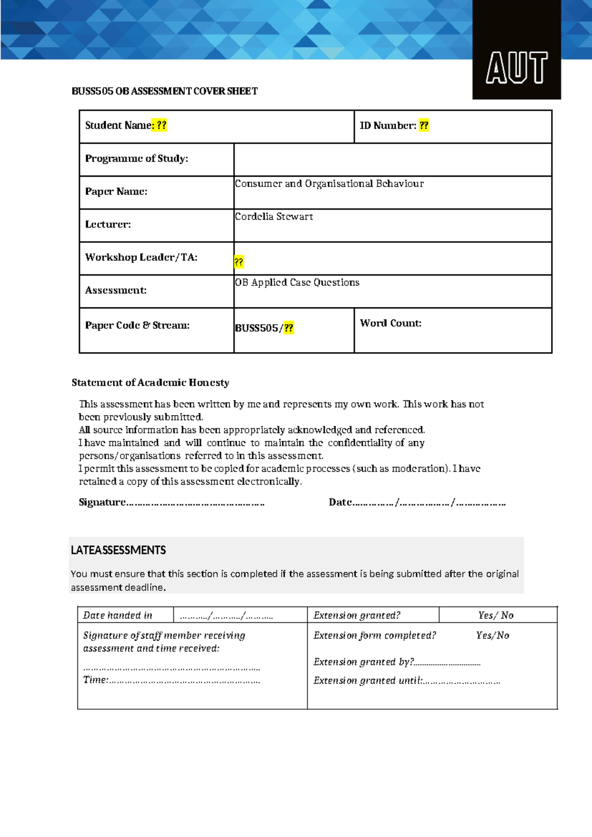 BUSS505 OB Applied Case Questions Assessment Cover Sheet Template - Studocu