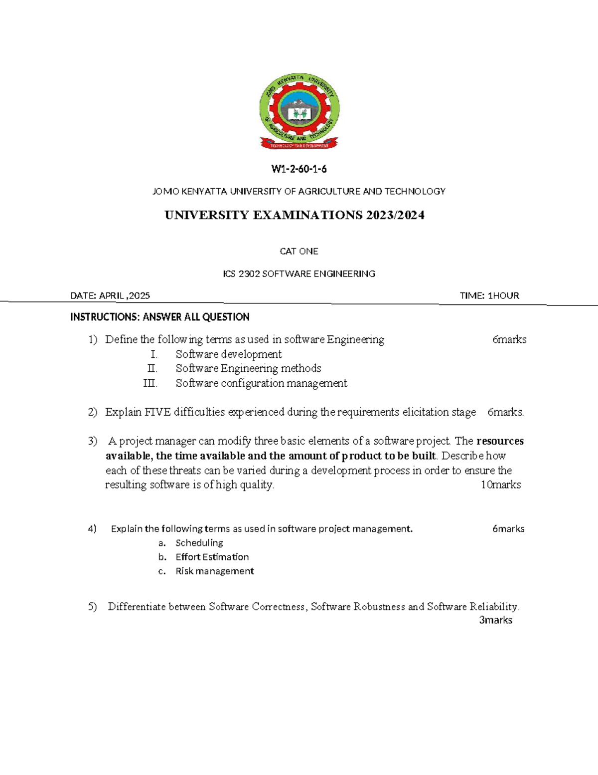 ICS 2302 Software Engineering CAT One Exam Notes - April 2025 - Studocu