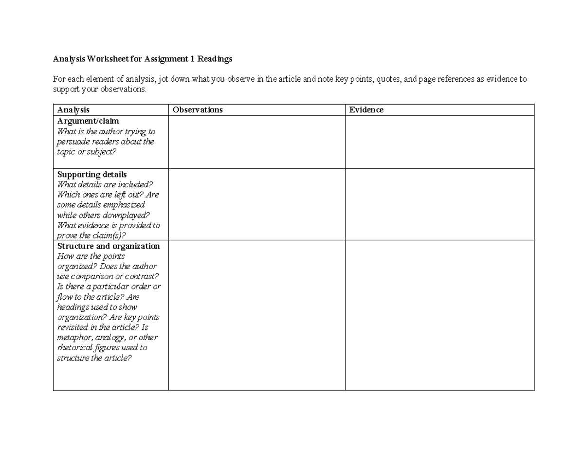 Analysis Worksheet for Assignment 1: Key Observations & Evidence - Studocu