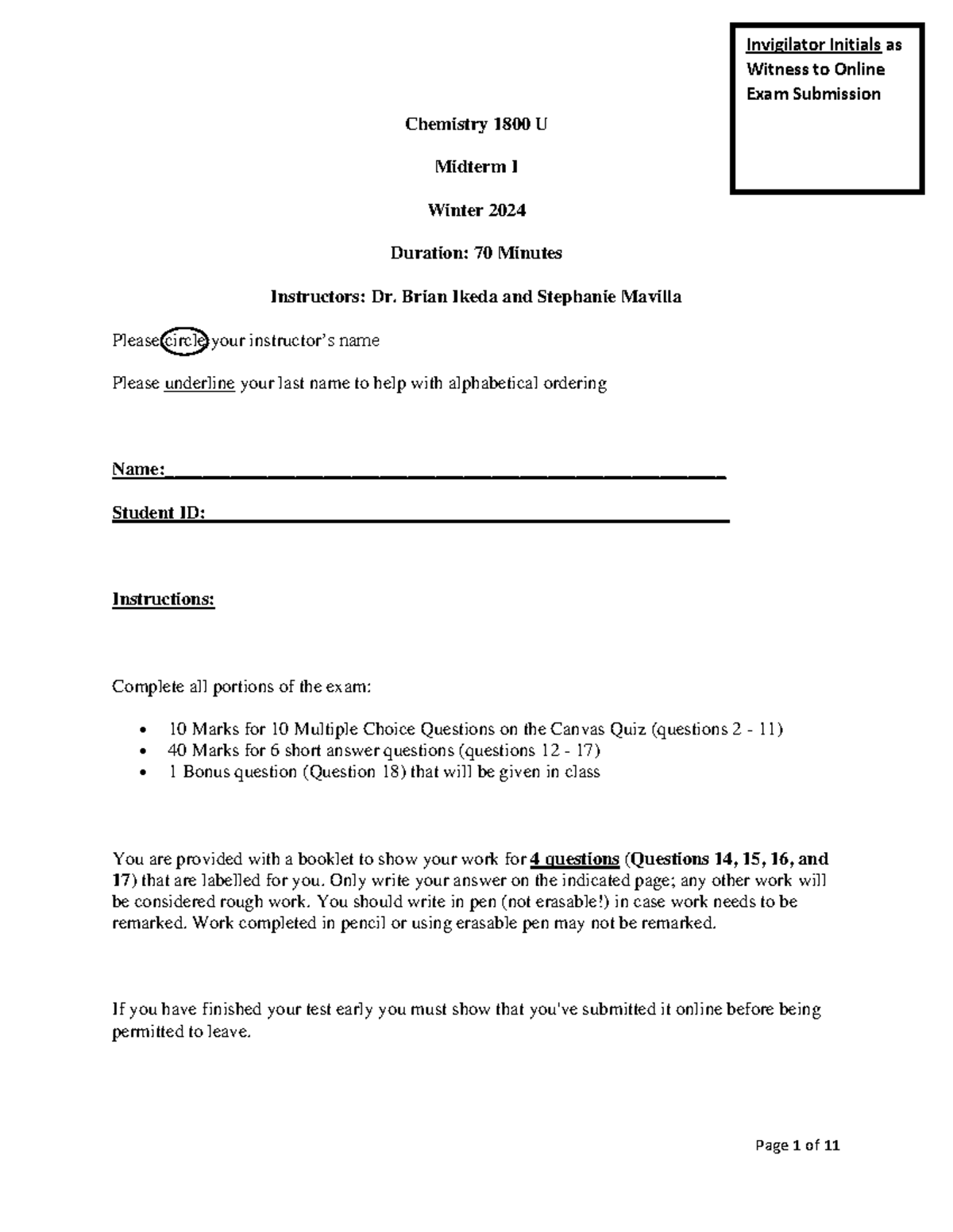 CHEM1800 Midterm I Answer Sheet & Solutions - Winter 2024 - Document Preview