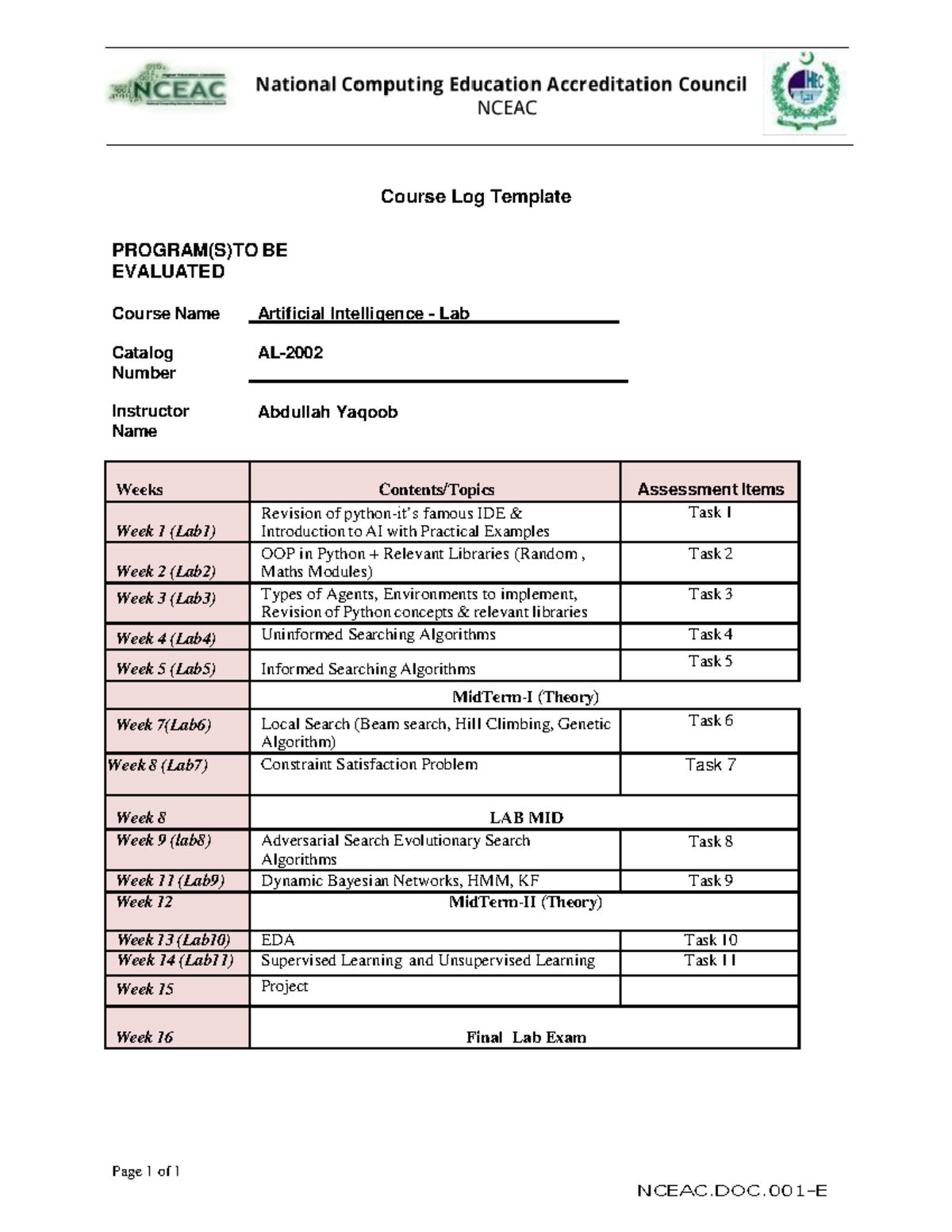 AI Lab Outline Spring'26: Course Log Template & Weekly Tasks - Studocu