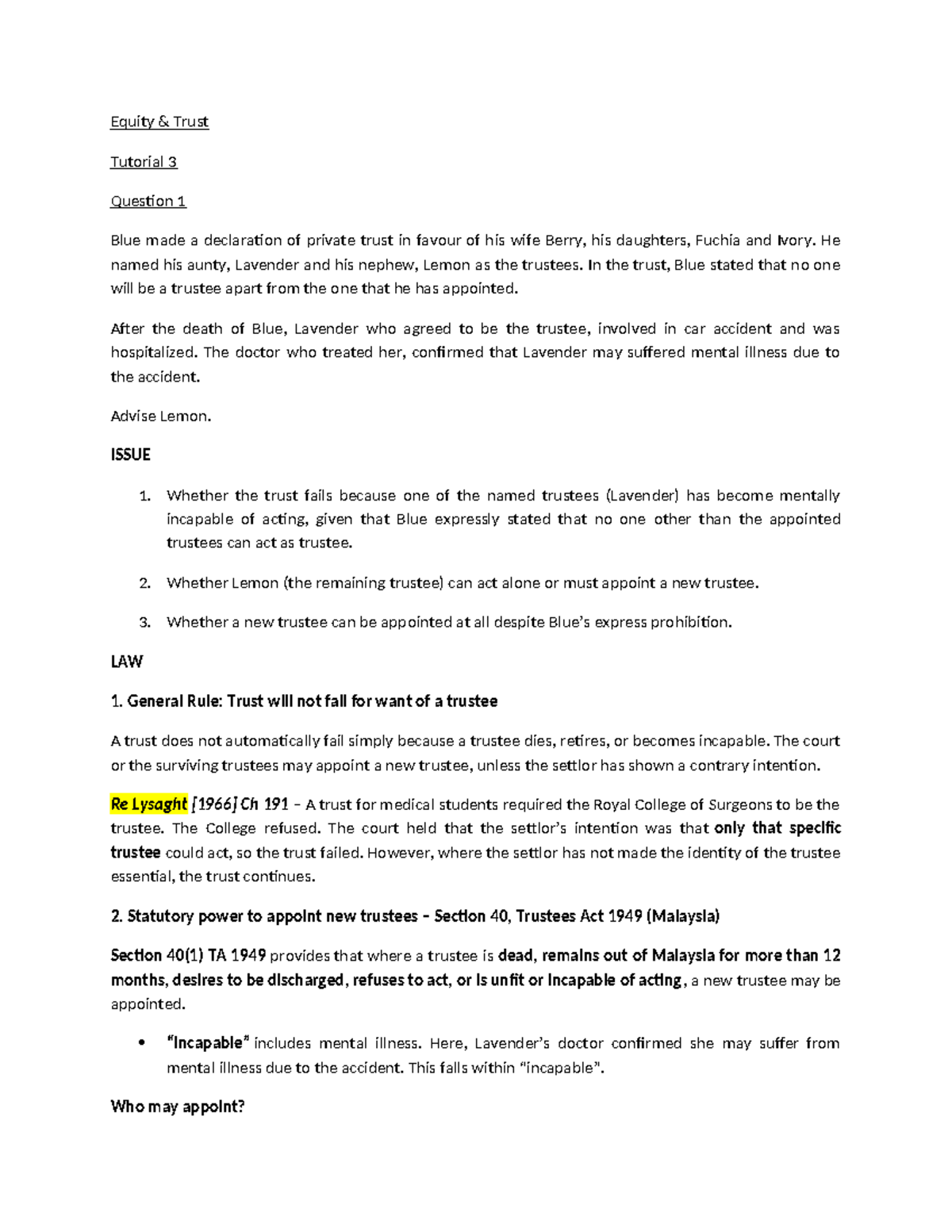 Equity Trust Tutorial 3: Analysis of Trustee Capacity and Actions - Studocu