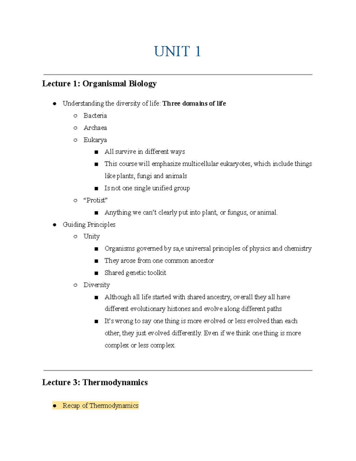 UNIT 1 Lecture Notes: Organismal Biology & Thermodynamics Overview ...