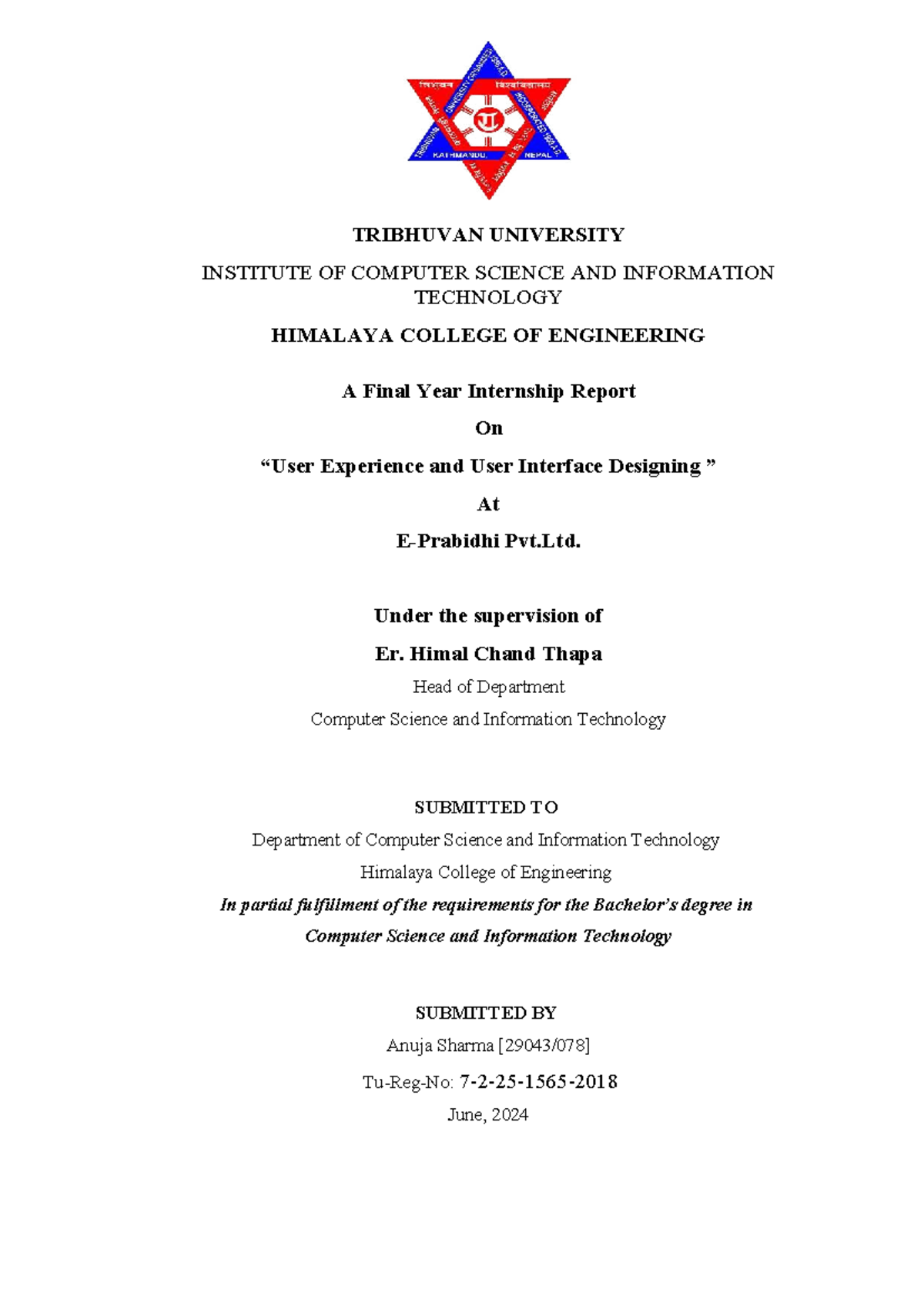 B.Sc. CSIT Final Year Internship Report on UI/UX Design at Pvt. Ltd ...