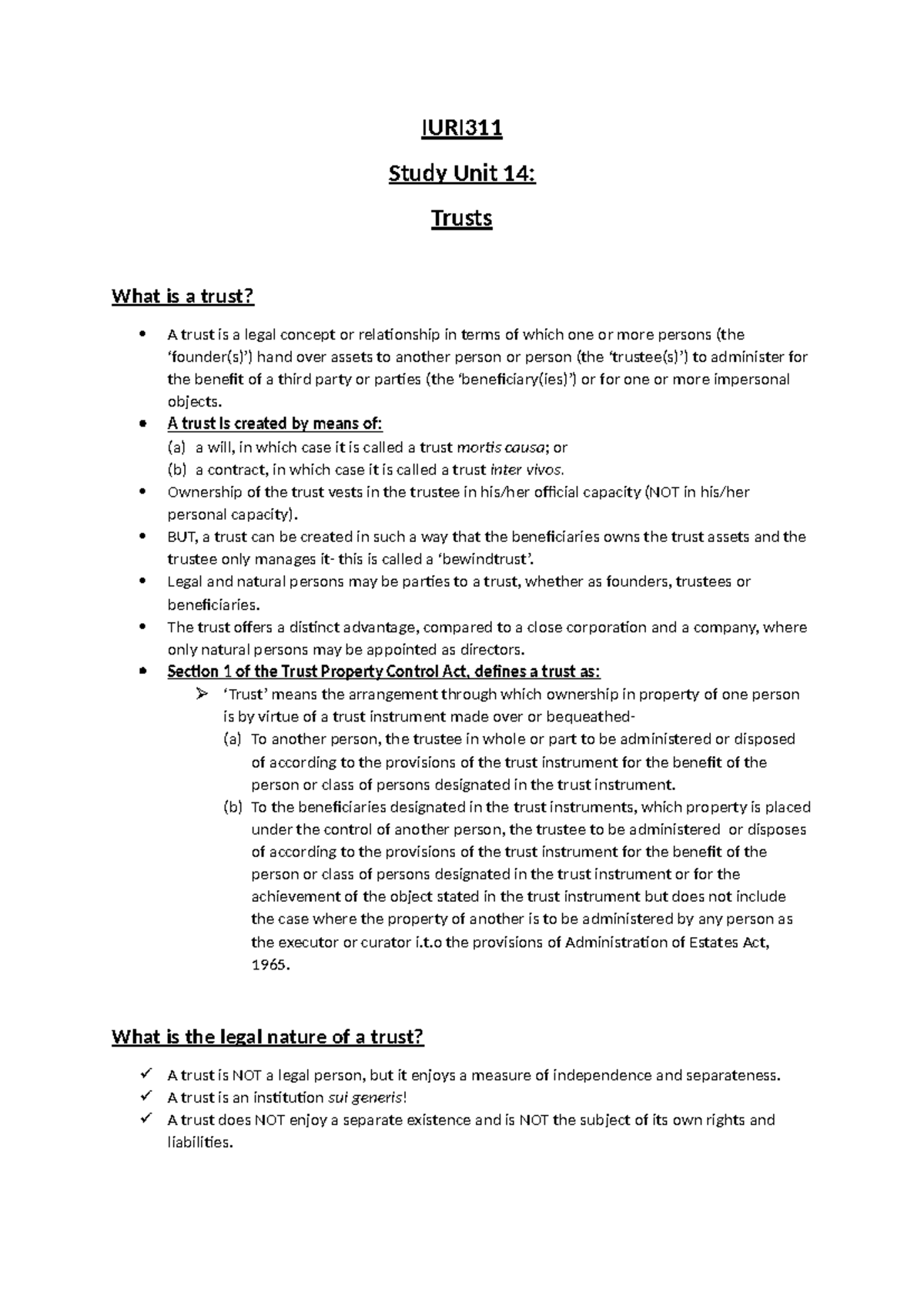 IURI311 Study Unit 14: Overview of Trusts and Their Legal Framework ...