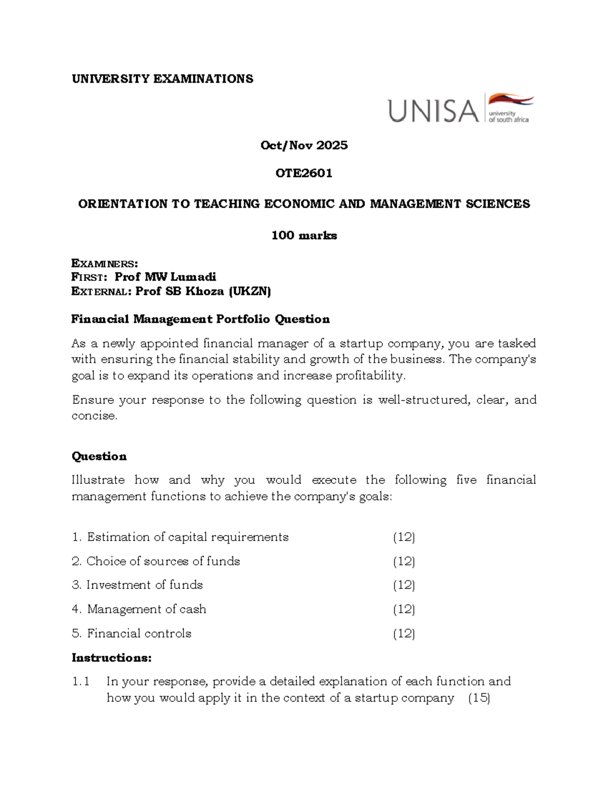 OTE2601 Final Exam: Financial Management Functions for Startups - Studocu