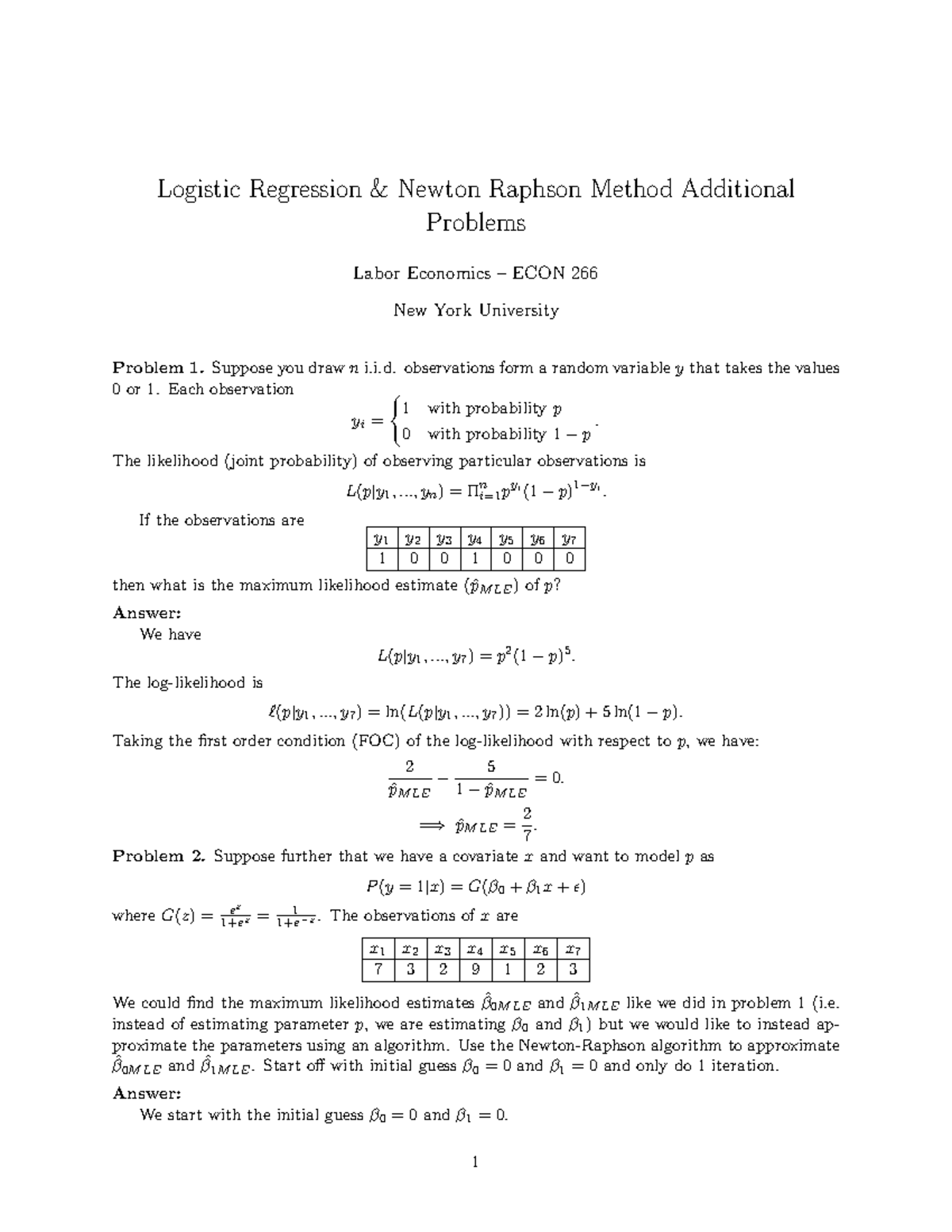 Logistic Regression & Newton Raphson Method Problems - ECON 266 - Studocu