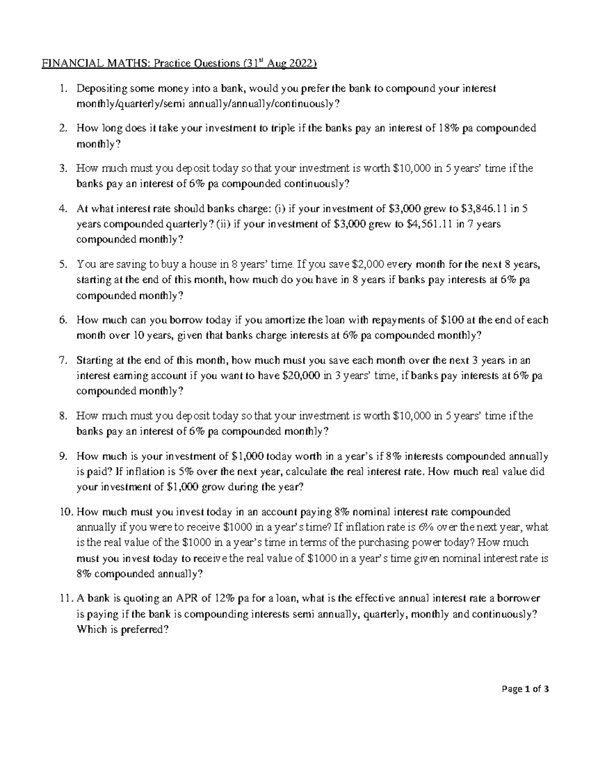 Financial Maths Pract. Questions - 31 Aug 2022 (Study Guide) - Studocu