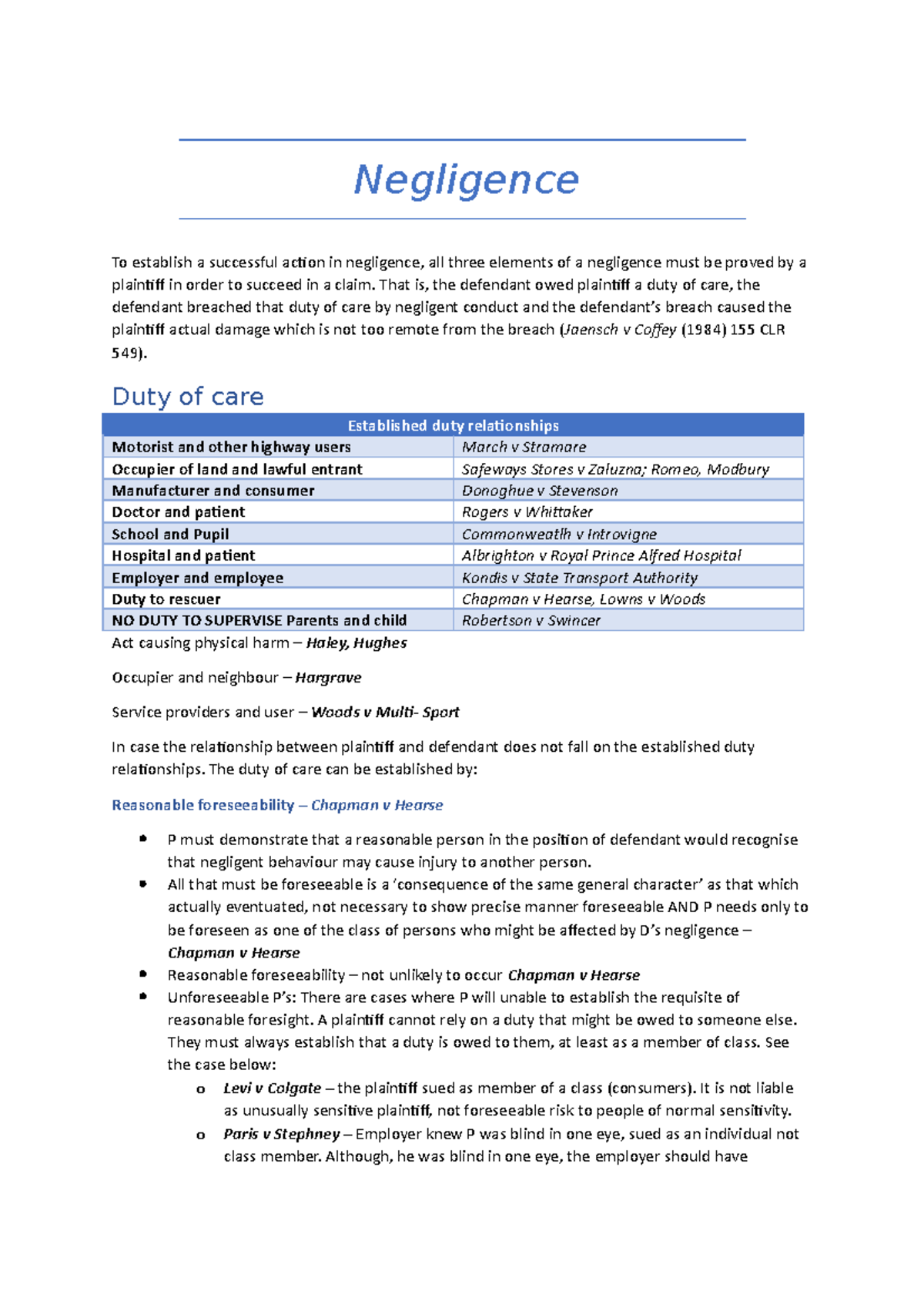 Negligence: Key Principles & Case Law Overview for Law 101 - Studocu